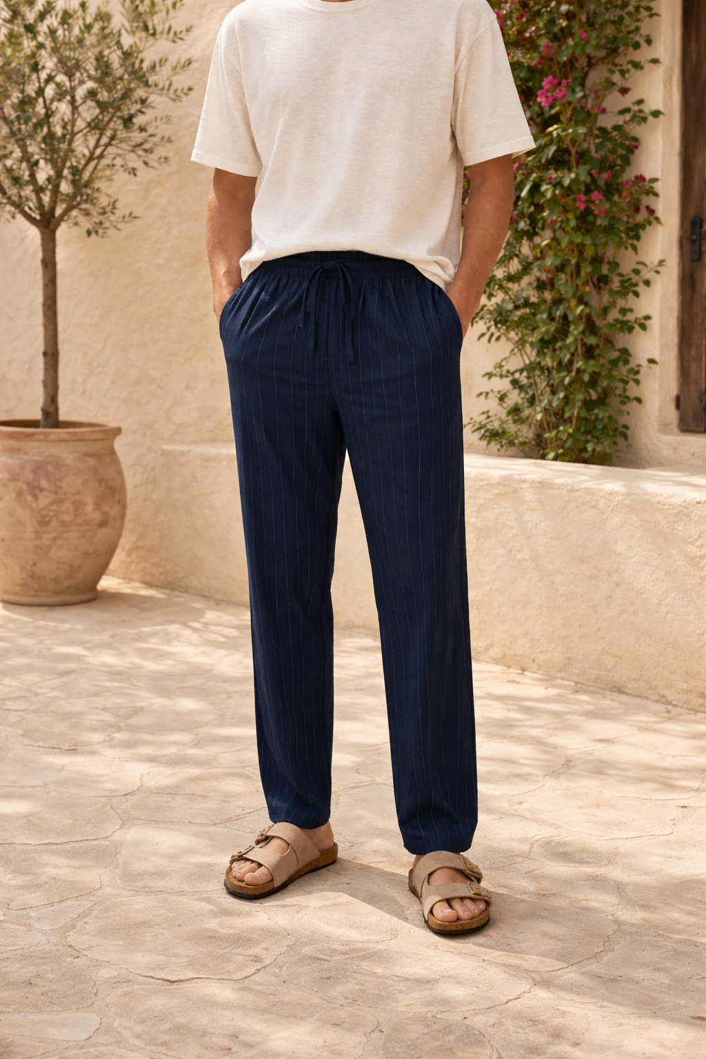 Men's Striped Linen Trousers | Linen Blend | Drawstring Waist & Relaxed Fit | Steven & Levon