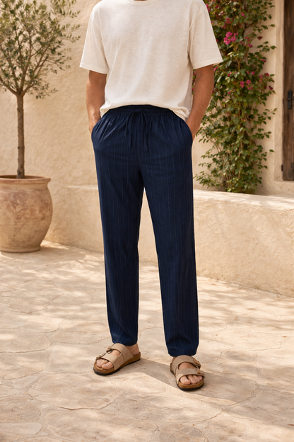 Men's Striped Linen Trousers | Linen Blend | Drawstring Waist & Relaxed Fit | Steven & Levon