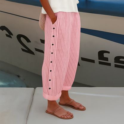 Striped Casual Pants | Women | Button Detail | Relaxed Fit | Everyday Trousers | Steven & Levon