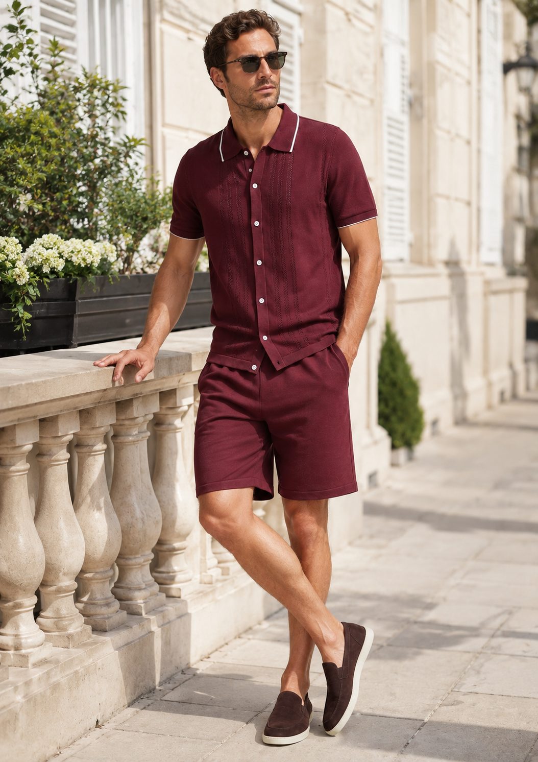 Men's Knit Two-Piece Set | Textured Knit Shirt & Trousers | Relaxed Fit | Steven & Levon