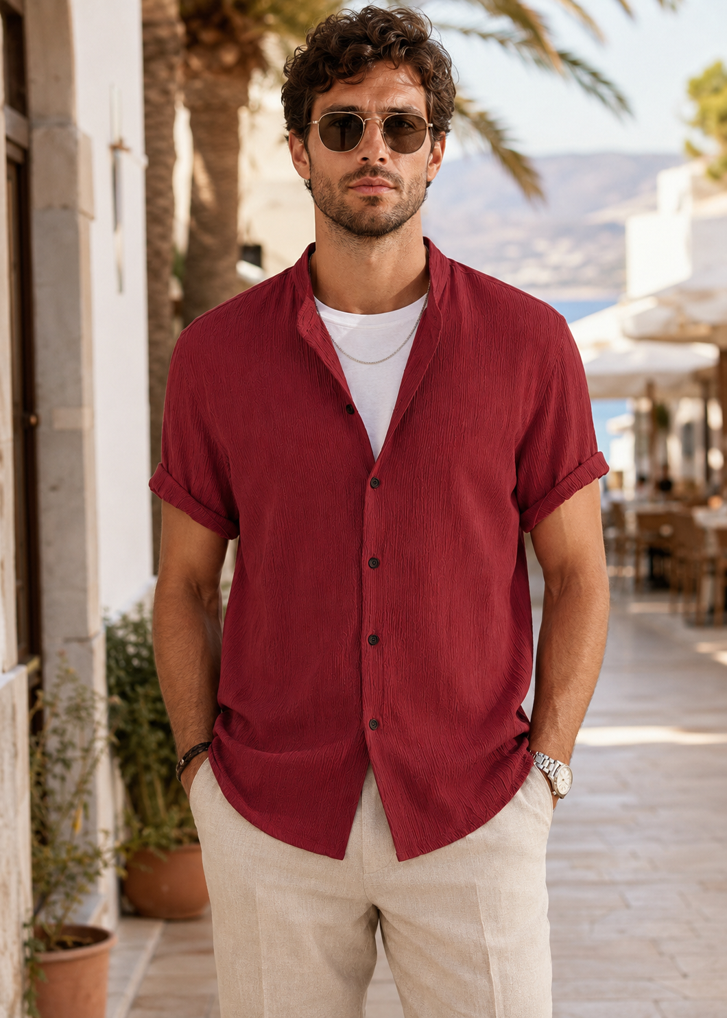 Men's Linen Short Sleeve V-Neck Shirt | Men | Breathable Lightweight | Casual Summer Beach Top | Steven & Levon