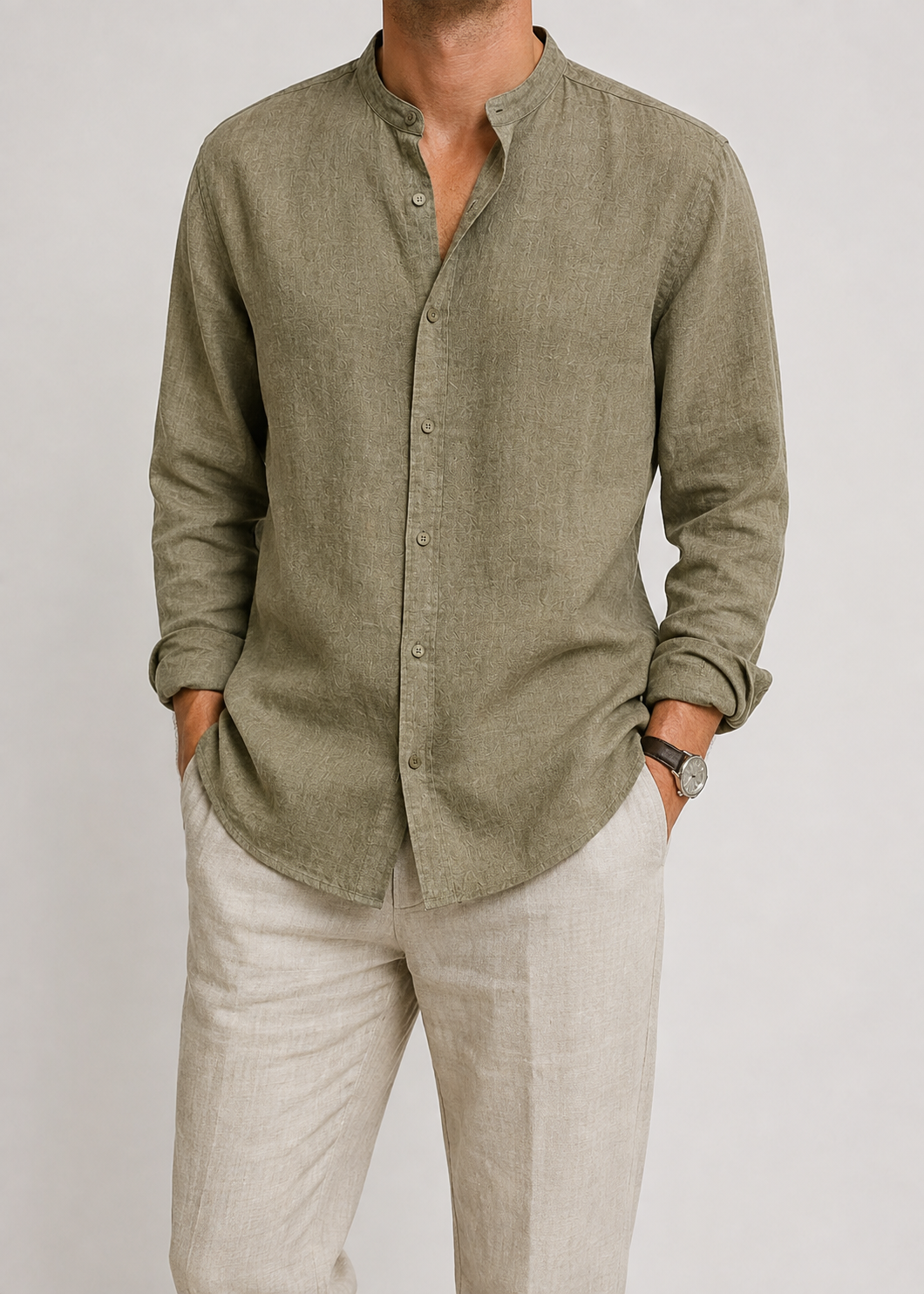 Men's Linen Long Sleeve Shirt | Men | Lightweight Breathable Collarless Button-Up | Casual Relaxed Fit | Steven & Levon
