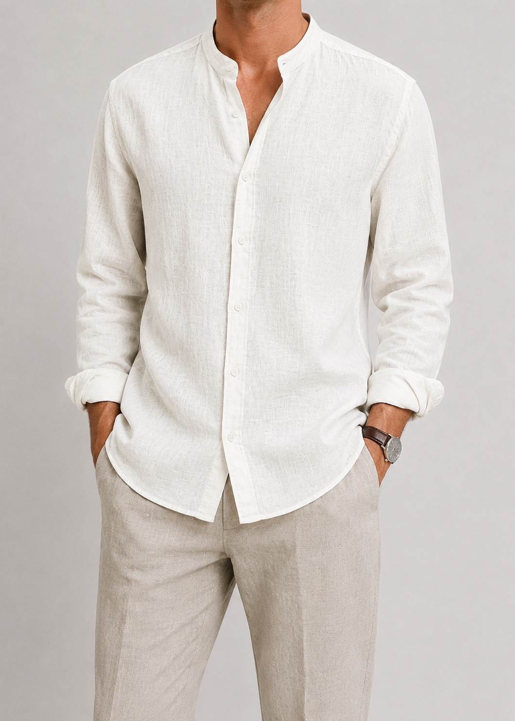 Men's Linen Long Sleeve Shirt | Men | Lightweight Breathable Collarless Button-Up | Casual Relaxed Fit | Steven & Levon