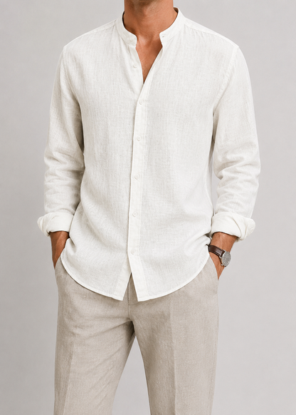 Men's Linen Long Sleeve Shirt | Men | Lightweight Breathable Collarless Button-Up | Casual Relaxed Fit | Steven & Levon