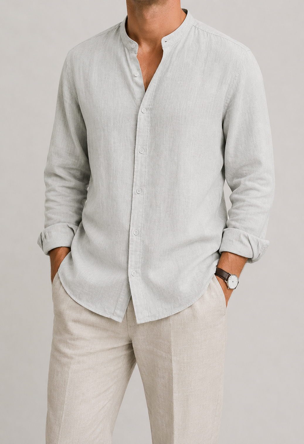 Men's Linen Long Sleeve Shirt | Men | Lightweight Breathable Collarless Button-Up | Casual Relaxed Fit | Steven & Levon