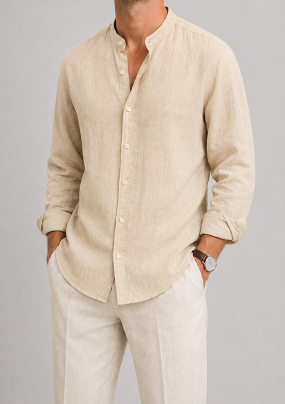 Men's Linen Long Sleeve Shirt | Men | Lightweight Breathable Collarless Button-Up | Casual Relaxed Fit | Steven & Levon