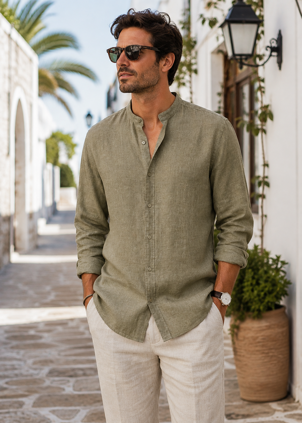 Men's Linen Long Sleeve Shirt | Men | Lightweight Breathable Collarless Button-Up | Casual Relaxed Fit | Steven & Levon