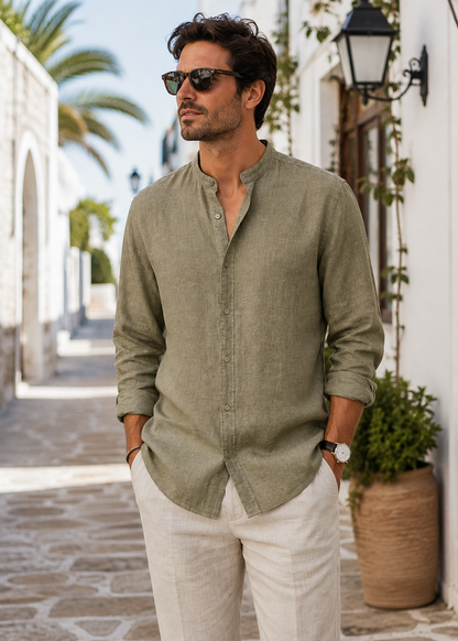 Men's Linen Long Sleeve Shirt | Men | Lightweight Breathable Collarless Button-Up | Casual Relaxed Fit | Steven & Levon