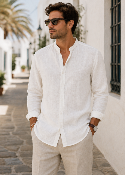 Men's Linen Long Sleeve Shirt | Men | Lightweight Breathable Collarless Button-Up | Casual Relaxed Fit | Steven & Levon