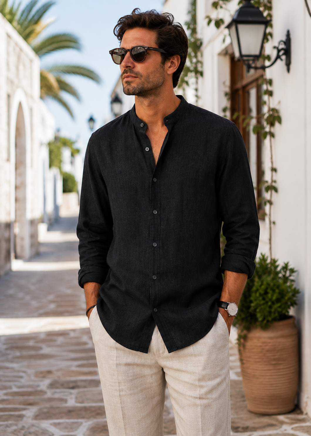 Men's Linen Long Sleeve Shirt | Men | Lightweight Breathable Collarless Button-Up | Casual Relaxed Fit | Steven & Levon