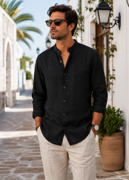 Men's Linen Long Sleeve Shirt | Men | Lightweight Breathable Collarless Button-Up | Casual Relaxed Fit | Steven & Levon