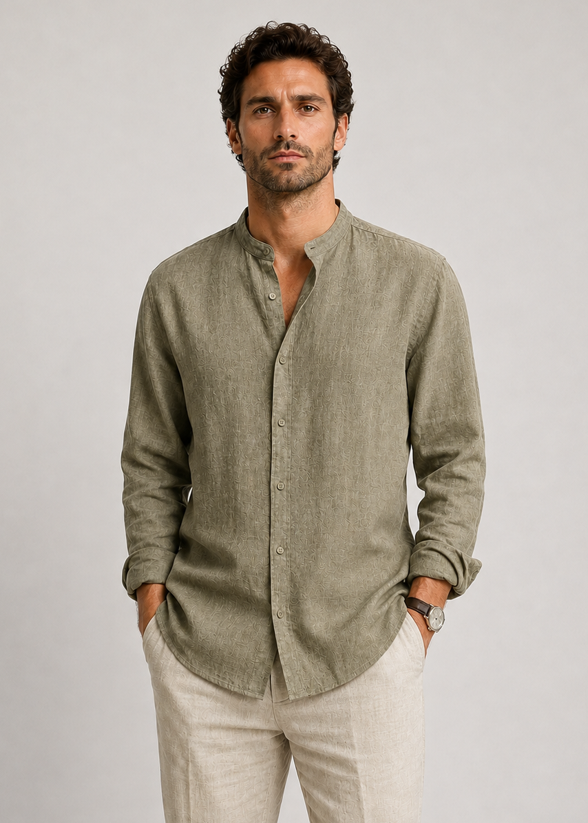 Men's Linen Long Sleeve Shirt | Men | Lightweight Breathable Collarless Button-Up | Casual Relaxed Fit | Steven & Levon
