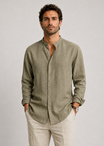 Men's Linen Long Sleeve Shirt | Men | Lightweight Breathable Collarless Button-Up | Casual Relaxed Fit | Steven & Levon