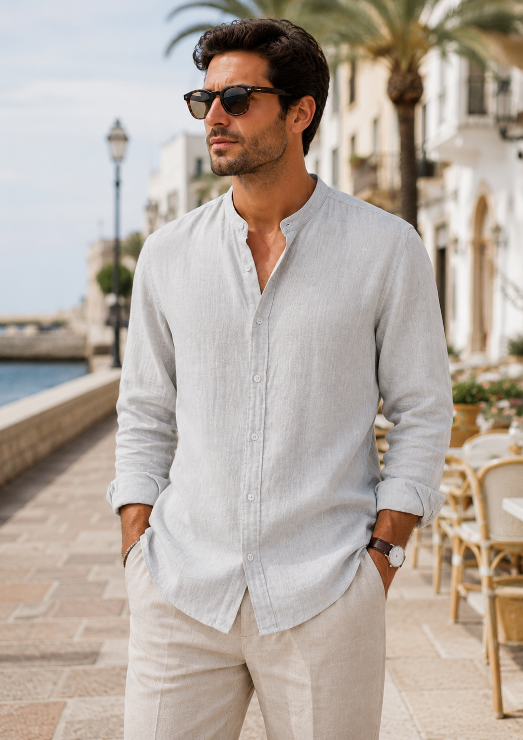 Men's Linen Long Sleeve Shirt | Men | Lightweight Breathable Collarless Button-Up | Casual Relaxed Fit | Steven & Levon