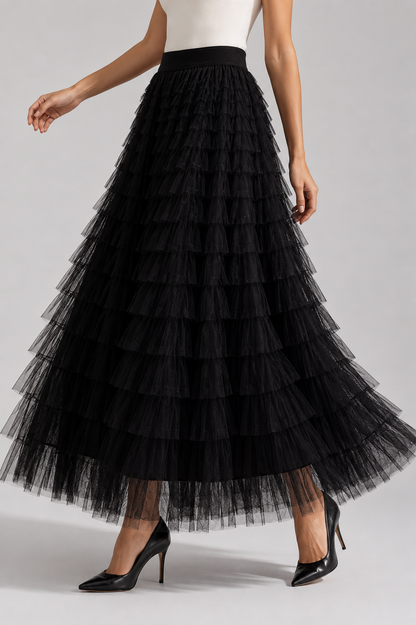 Tulle Maxi Skirt | Women | Layered Tulle | Elastic Waistband | Flowy A-Line Skirt | Steven & Levon