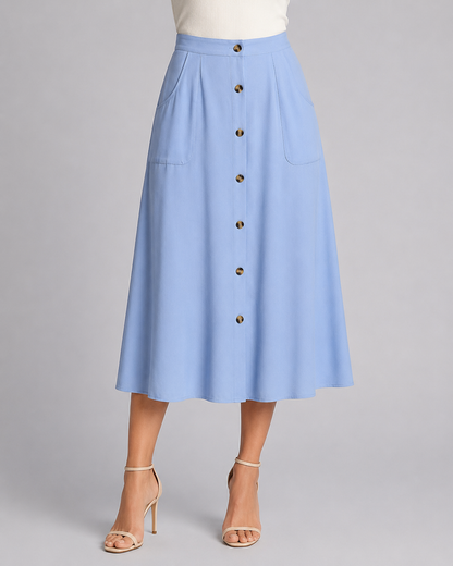Button Front Midi Skirt | Women | Button-Front | Pockets | A-Line Everyday Skirt | Steven & Levon