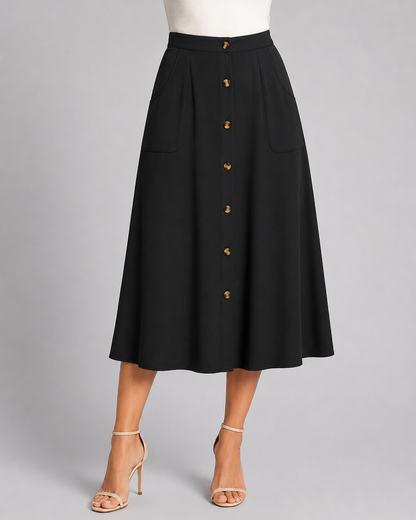 Button Front Midi Skirt | Women | Button-Front | Pockets | A-Line Everyday Skirt | Steven & Levon