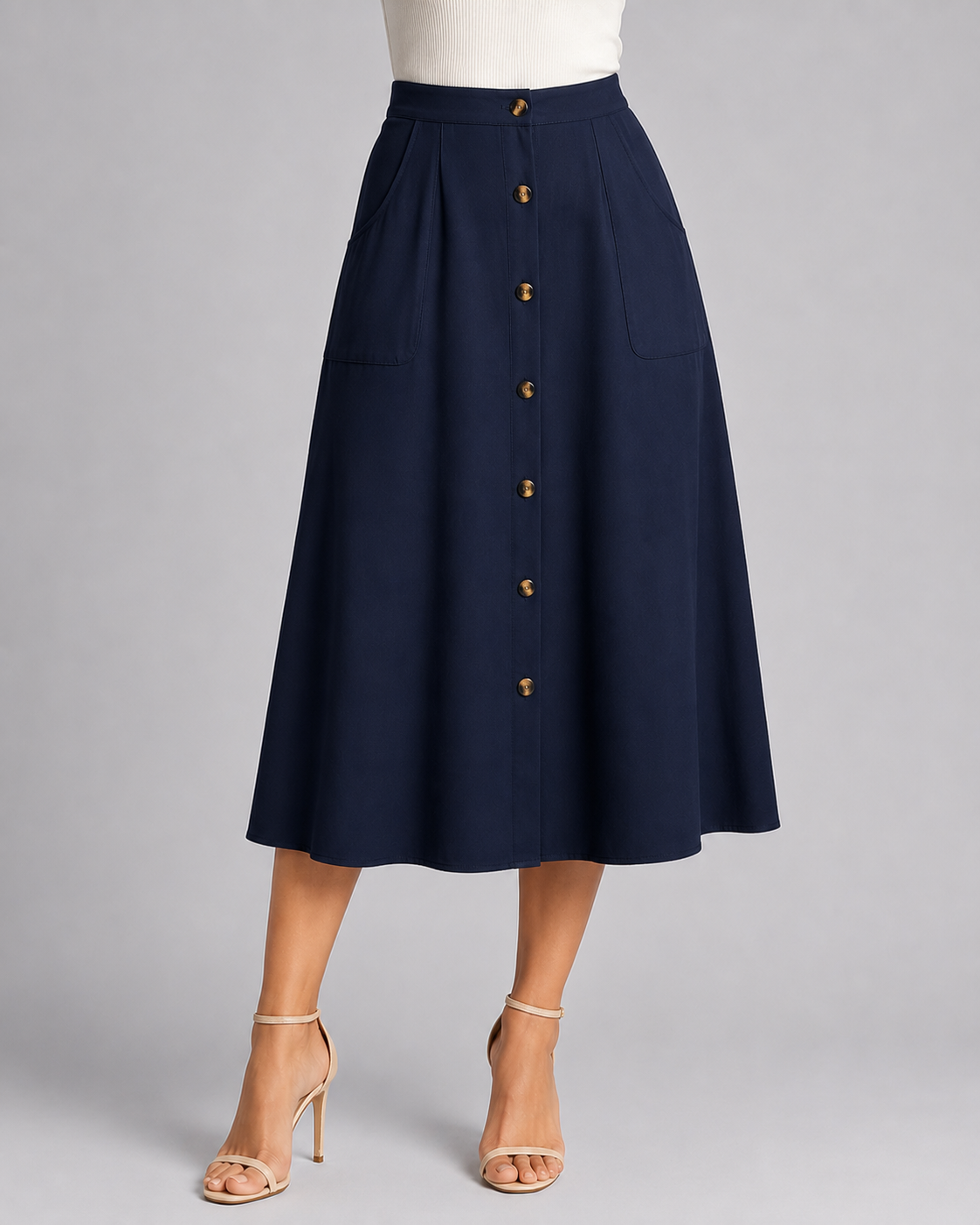 Button Front Midi Skirt | Women | Button-Front | Pockets | A-Line Everyday Skirt | Steven & Levon