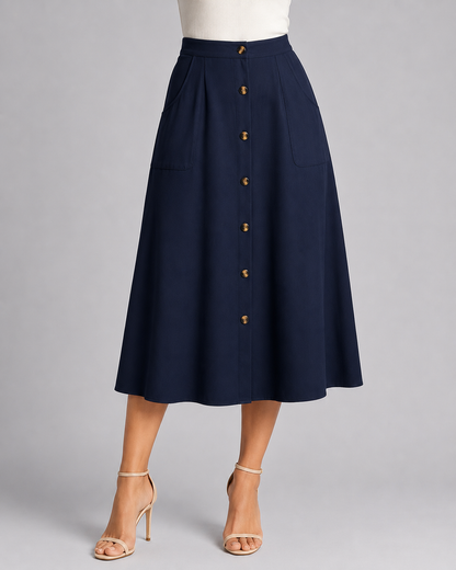 Button Front Midi Skirt | Women | Button-Front | Pockets | A-Line Everyday Skirt | Steven & Levon