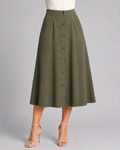 Button Front Midi Skirt | Women | Button-Front | Pockets | A-Line Everyday Skirt | Steven & Levon