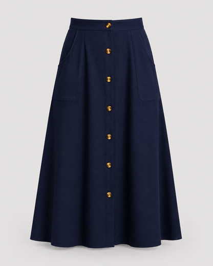 Button Front Midi Skirt | Women | Button-Front | Pockets | A-Line Everyday Skirt | Steven & Levon