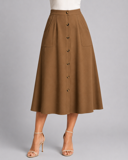 Button Front Midi Skirt | Women | Button-Front | Pockets | A-Line Everyday Skirt | Steven & Levon