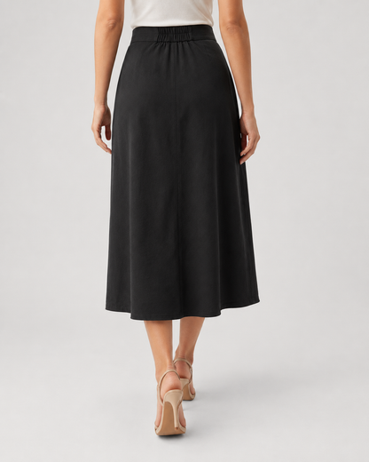 Button Front Midi Skirt | Women | Button-Front | Pockets | A-Line Everyday Skirt | Steven & Levon