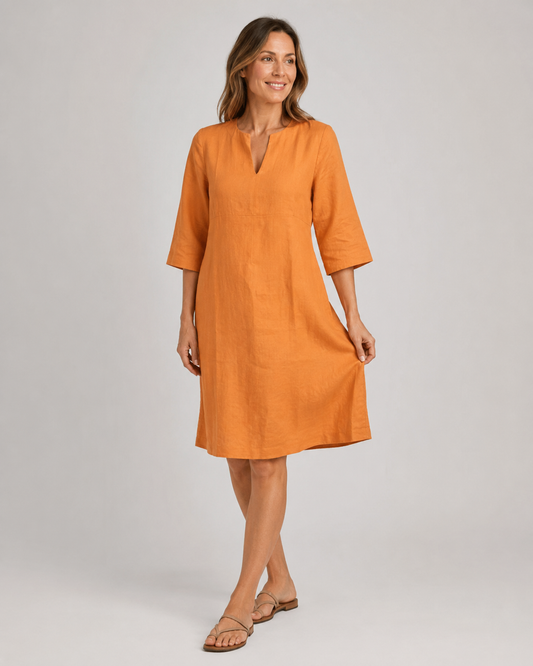 Aarnelle | Linen V Neck Dress | Women | Polyester | Relaxed Fit | Lightweight Summer | Steven & Levon