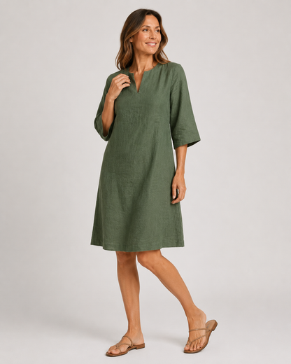 Aarnelle | Linen V Neck Dress | Women | Polyester | Relaxed Fit | Lightweight Summer | Steven & Levon