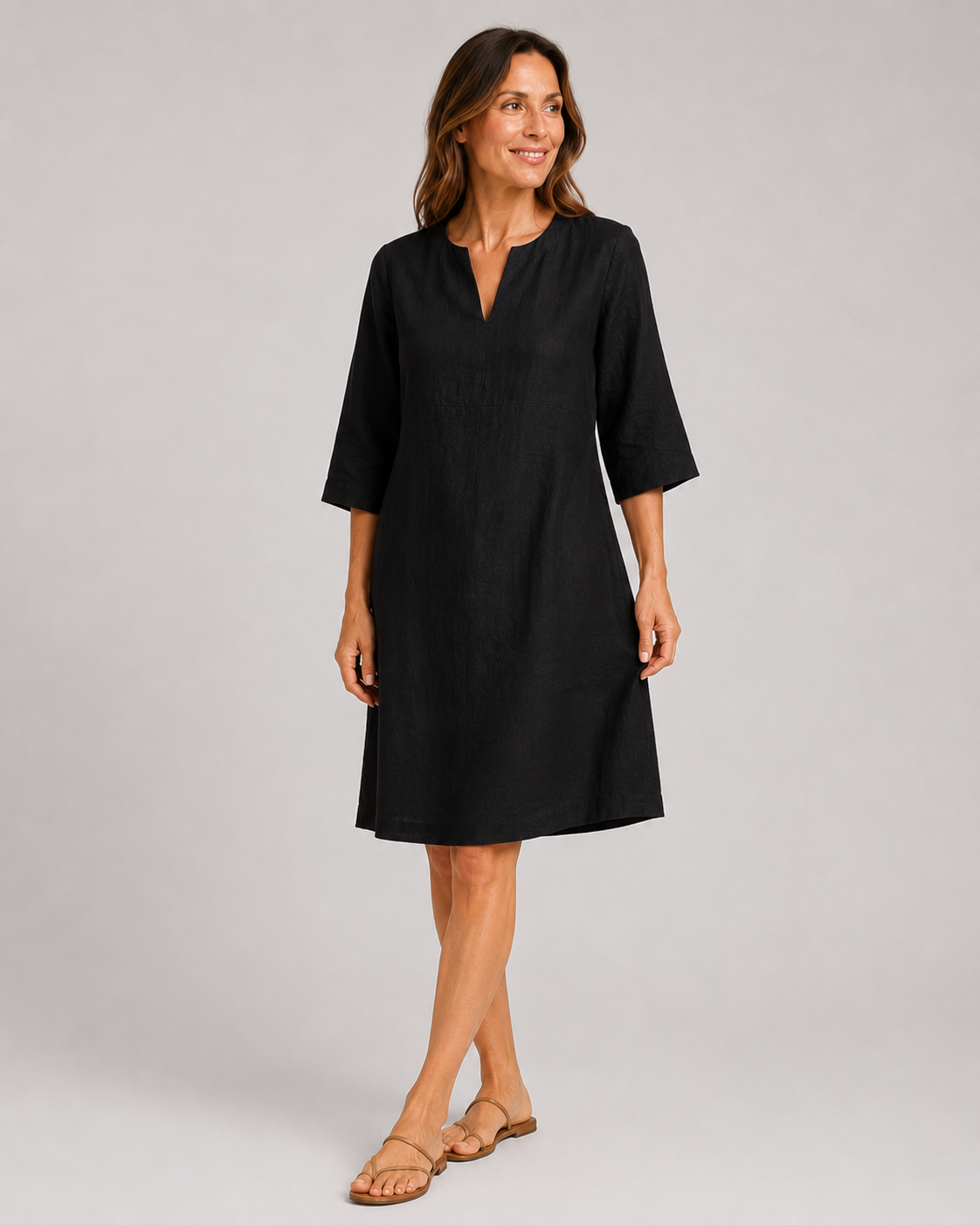 Aarnelle | Linen V Neck Dress | Women | Polyester | Relaxed Fit | Lightweight Summer | Steven & Levon