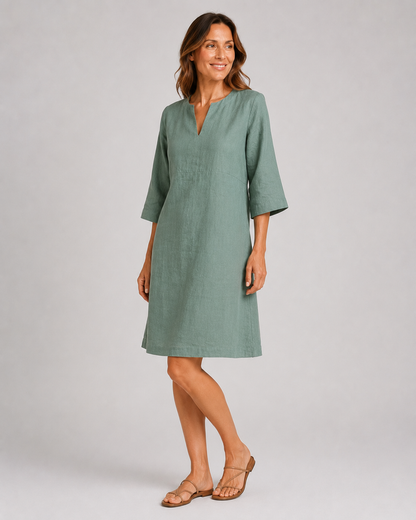 Aarnelle | Linen V Neck Dress | Women | Polyester | Relaxed Fit | Lightweight Summer | Steven & Levon