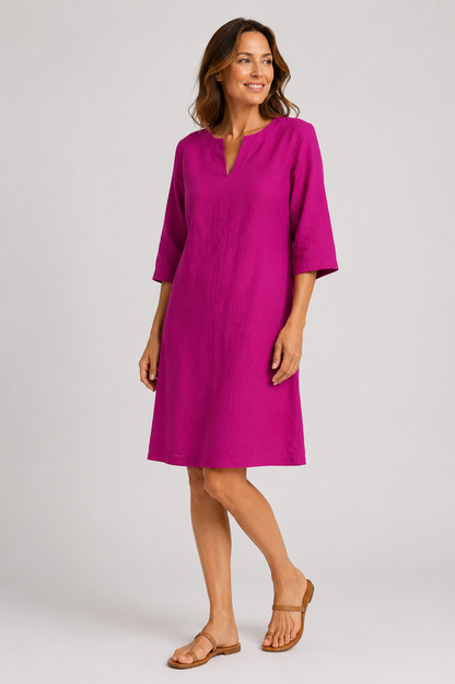 Aarnelle | Linen V Neck Dress | Women | Polyester | Relaxed Fit | Lightweight Summer | Steven & Levon