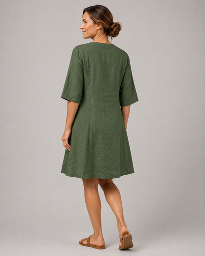 Aarnelle | Linen V Neck Dress | Women | Polyester | Relaxed Fit | Lightweight Summer | Steven & Levon