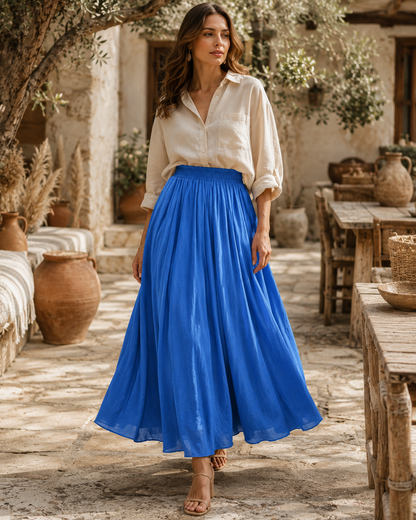 Bohemian Linen Maxi Skirt | Women | Polyester | High Waist A-Line Flowy Boho Style | Steven & Levon