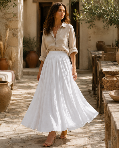 Bohemian Linen Maxi Skirt | Women | Polyester | High Waist A-Line Flowy Boho Style | Steven & Levon