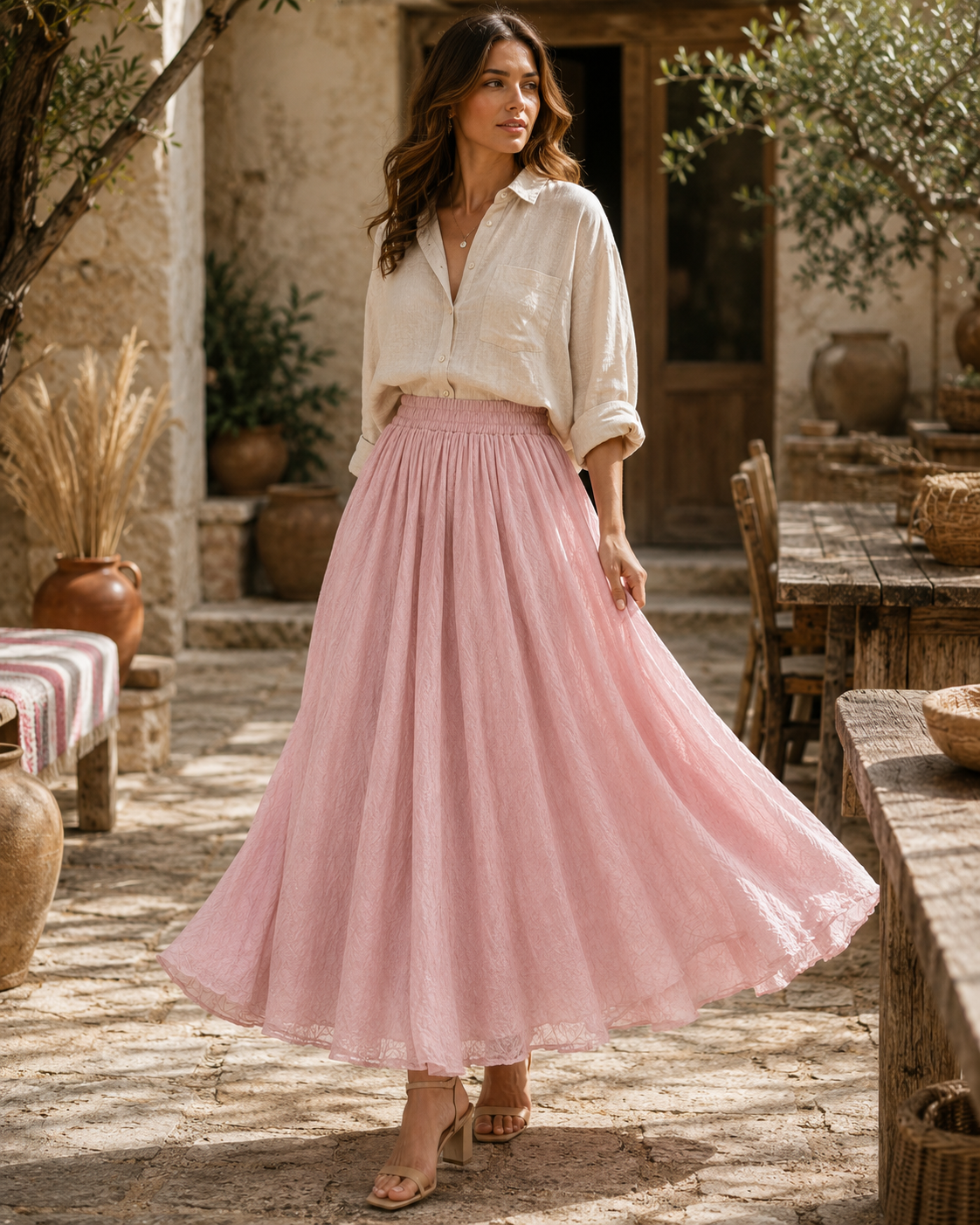 Bohemian Linen Maxi Skirt | Women | Polyester | High Waist A-Line Flowy Boho Style | Steven & Levon