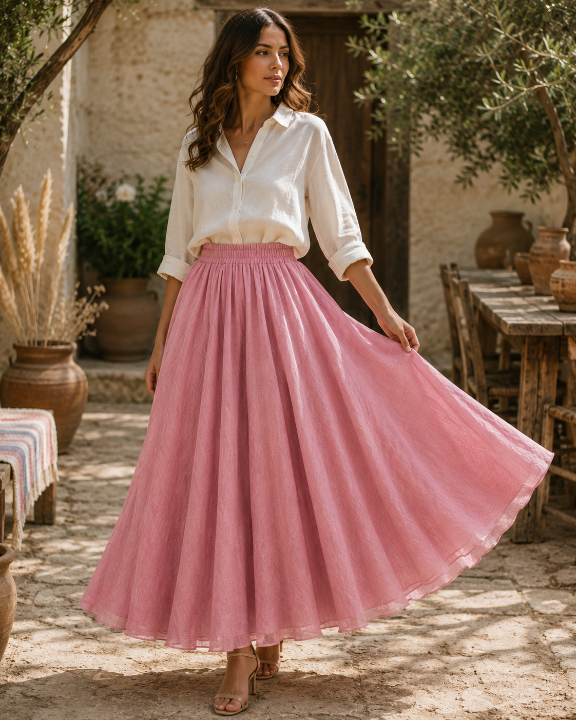 Bohemian Linen Maxi Skirt | Women | Polyester | High Waist A-Line Flowy Boho Style | Steven & Levon