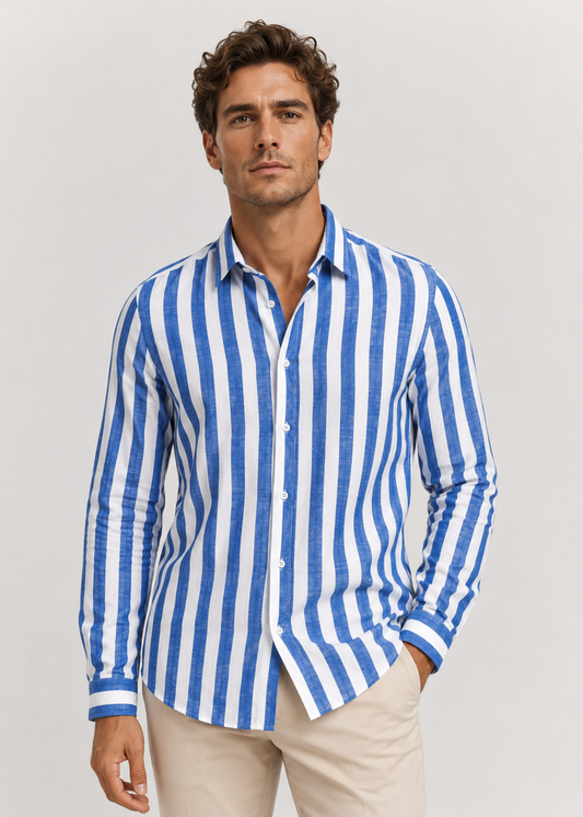 Men's Striped Long Sleeve Shirt | Breathable Button-Up Casual Shirt | Polyester Fiber | Lightweight Summer Wear | Steven & Levon