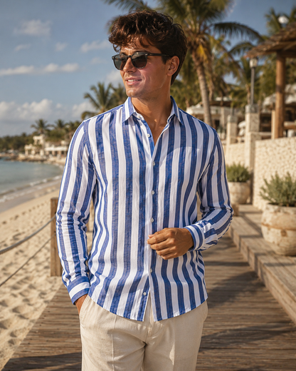 Men's Striped Long Sleeve Shirt | Breathable Button-Up Casual Shirt | Polyester Fiber | Lightweight Summer Wear | Steven & Levon