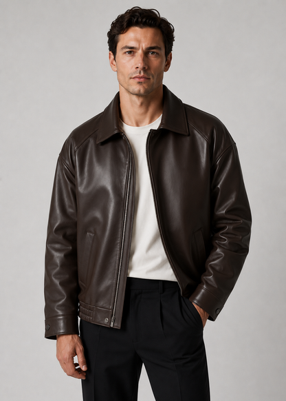 Men's Leather Bomber Jacket | Genuine Leather | Zip Front, Elastic Hem Casual Outerwear | Steven & Levon