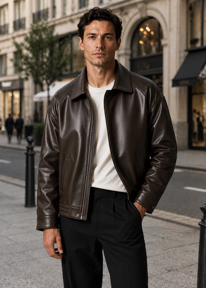 Men's Leather Bomber Jacket | Genuine Leather | Zip Front, Elastic Hem Casual Outerwear | Steven & Levon