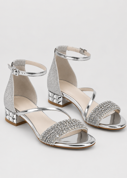 Elegant Glitter Ankle Strap Sandals | Women | Shimmer Synthetic | Low Block Heel Dress Shoes | Steven & Levon