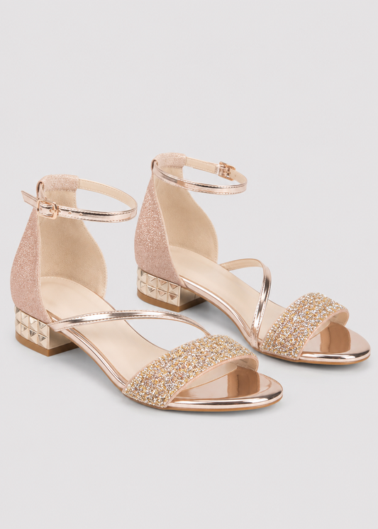 Elegant Glitter Ankle Strap Sandals | Women | Shimmer Synthetic | Low Block Heel Dress Shoes | Steven & Levon