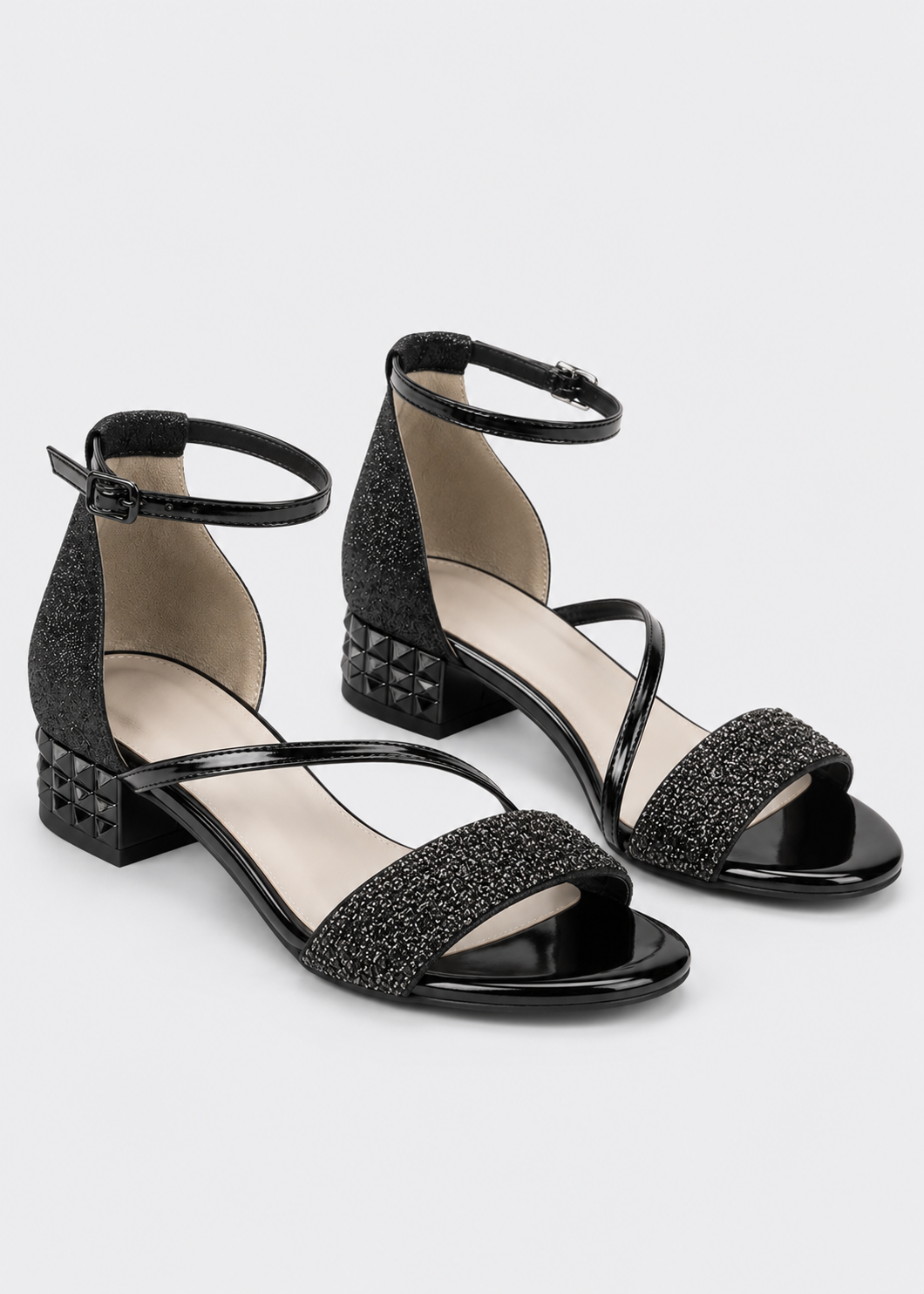 Elegant Glitter Ankle Strap Sandals | Women | Shimmer Synthetic | Low Block Heel Dress Shoes | Steven & Levon
