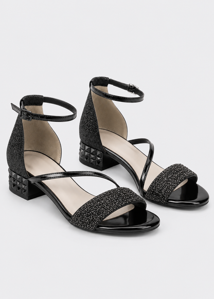 Elegant Glitter Ankle Strap Sandals | Women | Shimmer Synthetic | Low Block Heel Dress Shoes | Steven & Levon