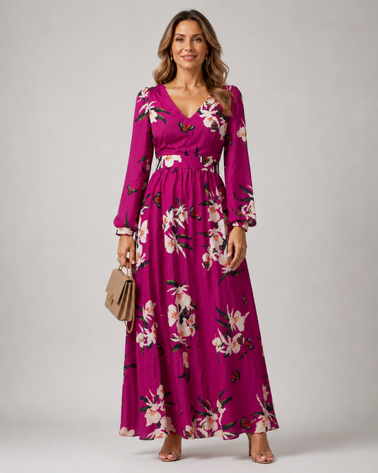 Floral Maxi Dress | Long Sleeve V-Neck | Flowy Wedding Guest Dress | Steven & Levon