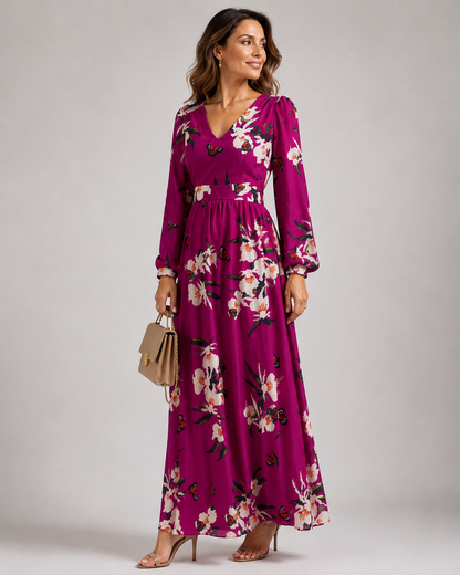 Floral Maxi Dress | Long Sleeve V-Neck | Flowy Wedding Guest Dress | Steven & Levon