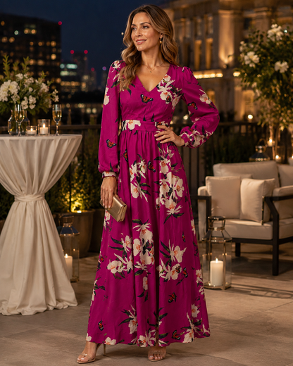 Floral Maxi Dress | Long Sleeve V-Neck | Flowy Wedding Guest Dress | Steven & Levon