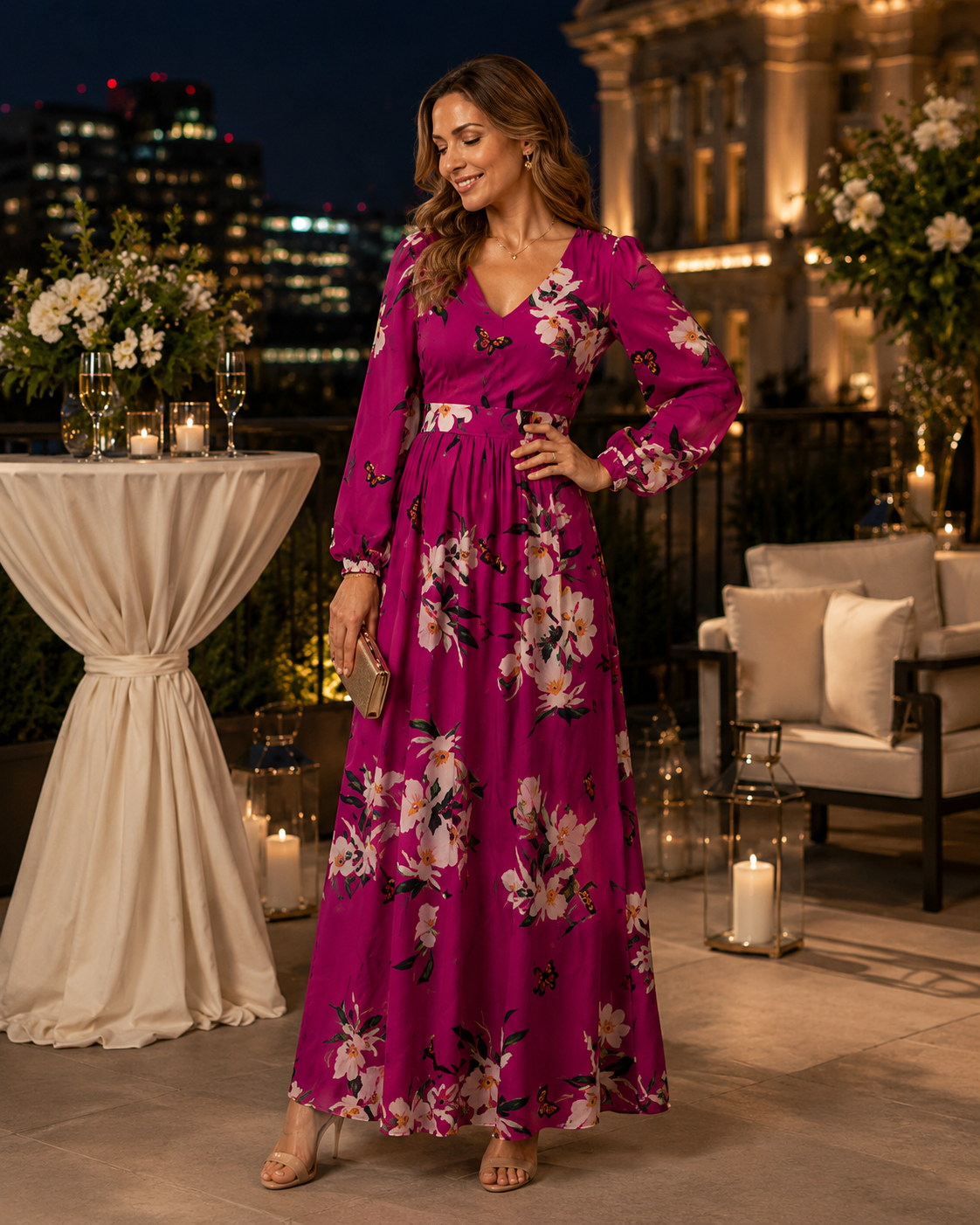 Floral Maxi Dress | Long Sleeve V-Neck | Flowy Wedding Guest Dress | Steven & Levon