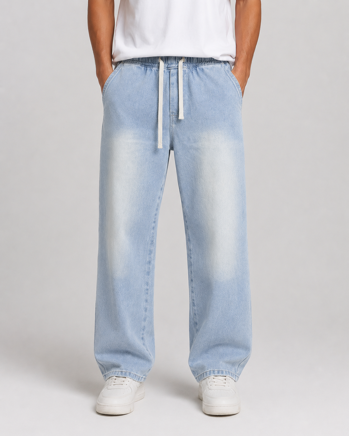 Driftway - Loose Straight Leg Drawstring Jeans  Everyday Casual Wear